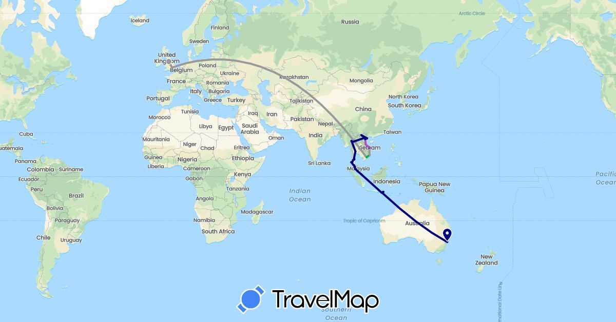 TravelMap itinerary: driving, bus, plane, train in Australia, United Kingdom, Indonesia, Malaysia, Singapore, Thailand, Vietnam (Asia, Europe, Oceania)